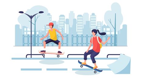 Illustration: Zwei junge Menschen fahren auf Skateboards durch eine Großstadt