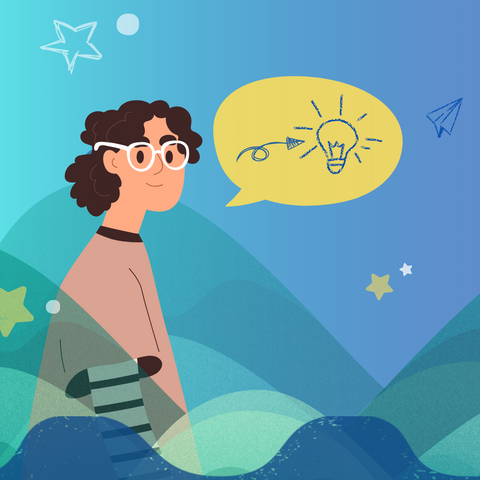 Illustration von einem jungen Mensch. In einer Sprechblase ist ein Pfeil, der auf eine Glühlampe zeigt