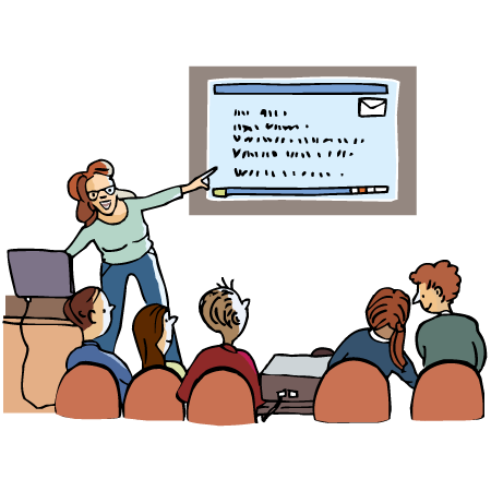 Die Lehrerin benutzt Ihren laptop. Was sie zeigen will, sehen die Jugendlichen an der Wand